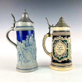 2pc Antique Thewalt and German Pottery 1L Beer Steins