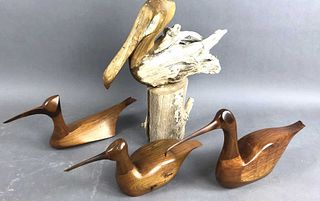 Group of 4 Carved Wooden Birds