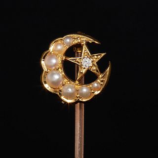 VICTORIAN PEARL AND DIAMOND CRESCENT AND STAR STICK PIN