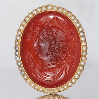 VICTORIAN CARNELIAN AND SEED PEARL CARVED INTAGLIO BROOCH