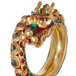 BEAUTIFUL ANTIQUE DIAMOND ENAMEL AND RUBY DRAGON TWIST RING