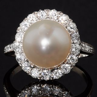 LARGE PEARL AND DIAMOND CLUSTER RING