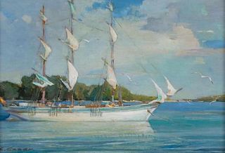 Ettore Caser Oil, Marine Portrait, Three Masted Sailboat