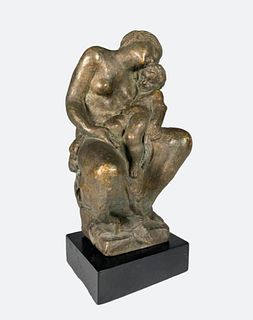 Modern Bronze Figure of Mother and Child Signed J.M. 1954