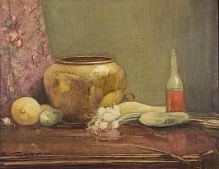 Ettore Caser Oil, Still Life with Vase, Bottle and Vegetables