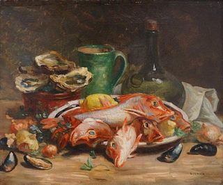 Pierre Garnier Oil, Still Life with Fish, Mussels and Oysters