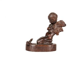 Hans Muller Carved Wood Figure, Boy and Lizard