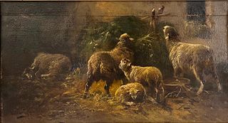 19thc. Signed Continental School Oil, Sheep in a Barn