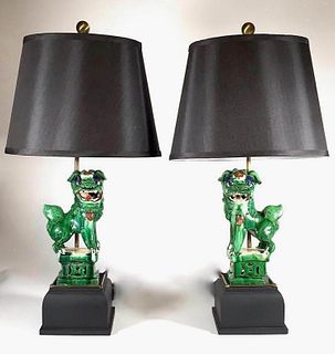Pair of Chinese Glazed Ceramic Roof Tiles Fitted as Table Lamps