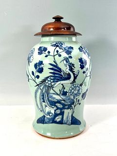 Large Chinese Celadon and Blue and White Glaze Covered Jar