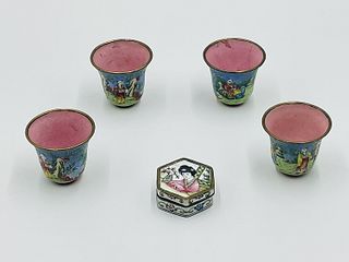 Set of 4 Peking Enamel on Copper Cups & Enamel Trinket Box