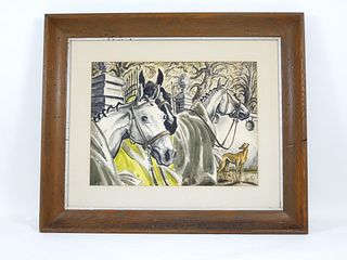 James Reynolds Watercolor, Horses and Greyhound.