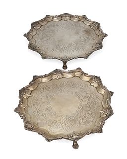 A pair of Georgian English sterling silver salvers