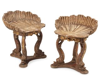 A pair of Italian grotto-style giltwood piano seats