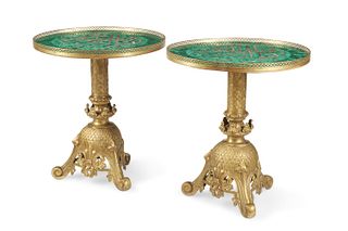 A pair of French malachite side tables
