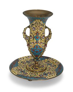 A Ferdinand Barbedienne champleve vase with plate