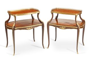 A pair of French Louis XV-style parquetry pastry tables