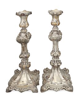 A pair of Polish Judaica Shabbat silver-plated candlesticks