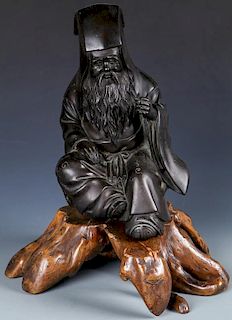 Japanese Figural Shinto Bronze on Rootwood Stand