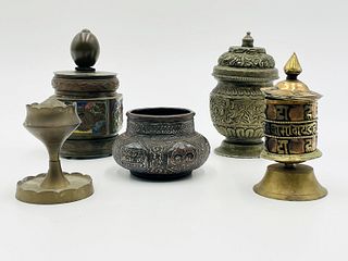 Set of 5 Metal Vessels Including Bronze, Brass , Prayer Wheel