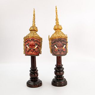 Two Siamese Jambhala Khon Mask  | หัวโขนท้าวเวสสุวรรณ 2 ชิ้น