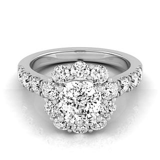 Diamond Cushion Shared-prong Halo Engagement Ring With Pave Shank In 14k White Gold