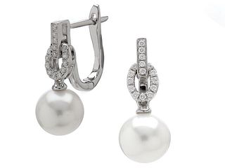 Freshwater Pearl And Diamond Earrings In 14k White Gold (1/6 Ct. Tw.)