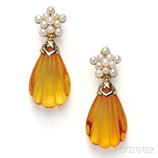18kt Gold, Amber, and Cultured Pearl Earpendants