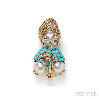 18kt Gold, Mabe Pearl, and Turquoise Figural Brooch