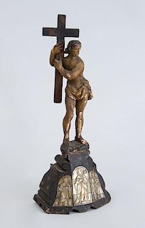 CONTINENTAL BAROQUE CARVED AND PAINTED WOOD FIGURE OF CHRIST HOLDING A CROSS, ON ASSOCIATED BASE