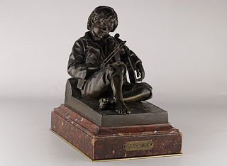 Antique reclining violinist "Sans Souci"  made of cast bronze with Tharel signature and Susse Frères stamp