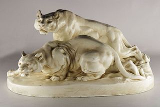 Large Royal Dux ceramic figure of two lionesses. Czechoslovakia