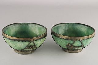 Pair of Chinese bowls green jade & metal moldings with dragons 