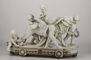 Beautiful and detailed biscuit porcelain sculpture five cherubs and lion