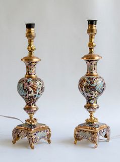Champleve enamel and bronze bedside lamps electrified 220w (pair)