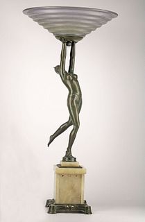 French Art Deco bronze woman nude table lamp with onyx base