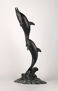 Twin dolphins in tandem bronze statue