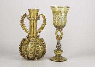 Amber glass vase or bottle and chalice attributed to Cirera