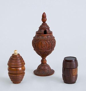 CONTINENTAL CARVED BOXWOOD STEMMED MUSTARD CUP AND COVER AND TWO TREENWARE BARREL-FORM BOXES
