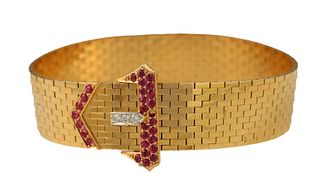 Cartier 14K Gold Mesh Buckle Bracelet with Rubies