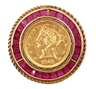 US 1901 Half Eagle Five Dollar Gold Coin Brooch