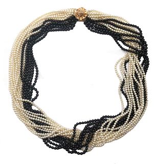 14K Pearl and Black Onyx Sixteen Strand Necklace
