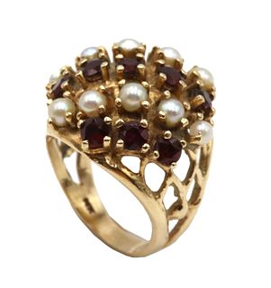 14K Yellow Gold Ruby and Pearl Dome Ring