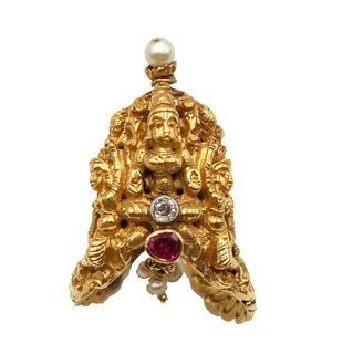 Multi Figural Deity Ruby Diamond Pearl Gold Ring