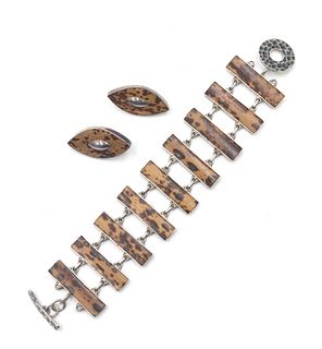 Bamboo Inlaid Linked Bracelet and 925 Earrings
