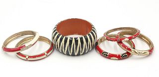 Five Gold Tone Red & Ivory Color Bangle Bracelets