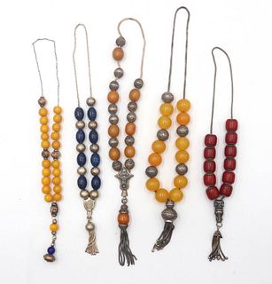 Group of Five Greek Silver & Agate Worry Beads