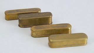 FOUR DUTCH 18TH CENTURY ENGRAVED BRASS TOBACCO BOXES