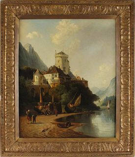 Oil on Canvas, Castle Overlooking a Lake