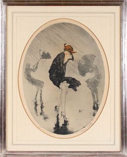 Louis Icart Print of a Woman in the Rain